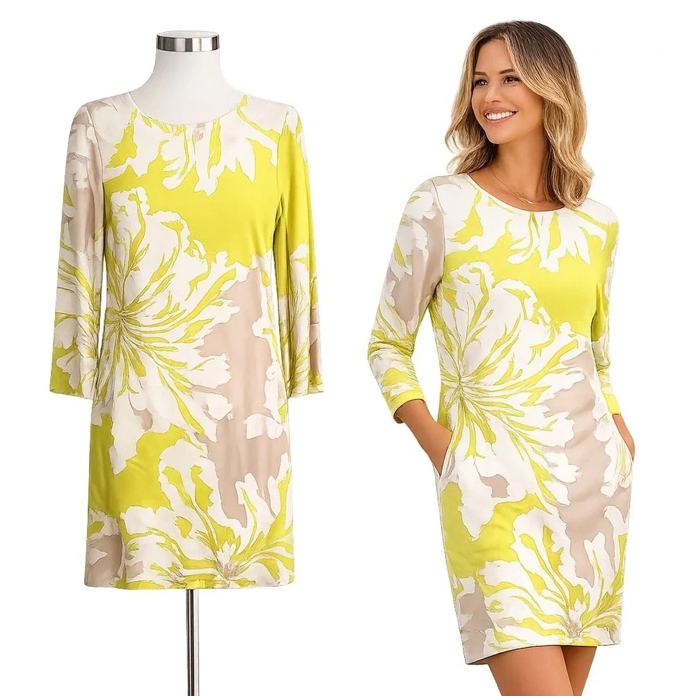Marc Cain Floral Shift Dress Women N3 US 6/8 Lime Green Long Sleeve Italian Knit